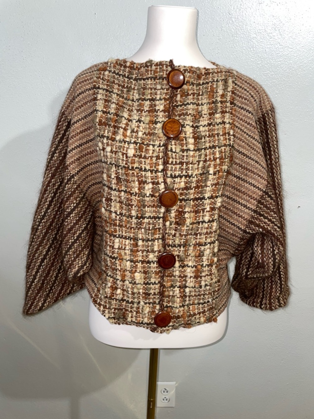 Handwoven Wool Dolman Sleeve Cardigan Textured Plaid Button XL Boho Cozy Artisan